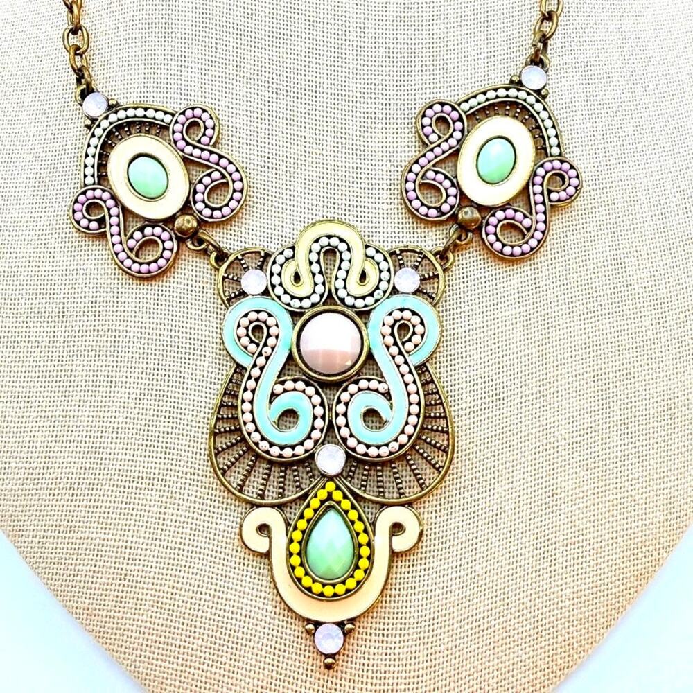 Signed H. Dubin Enamel Paisley Pastel Pendant Bib Necklace Antique Gold Tone 16"